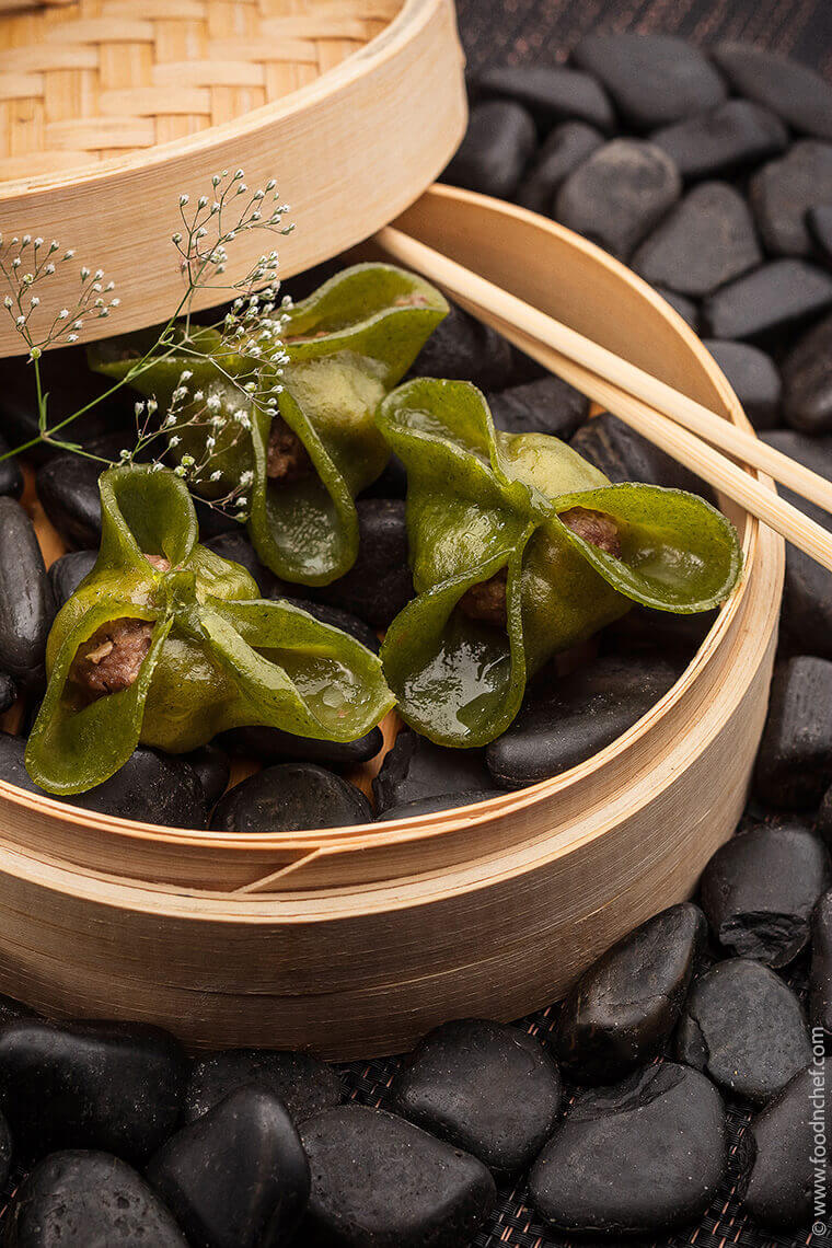 Spinach Dim Sum with Tuna, Smoked Bamboo and Khoi Sauce